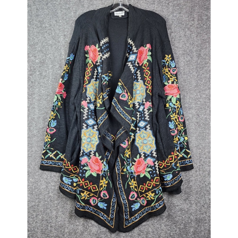 Time for Me Cardigan Womens 2X Black Floral Embroidered Cotton Boho Open Front
